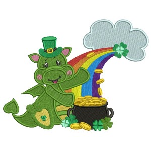 Lucky Dragon With A Rainbow And a Pot Of Gold St. Patrick's Day Filled Machine Embroidery Design Digitized Pattern